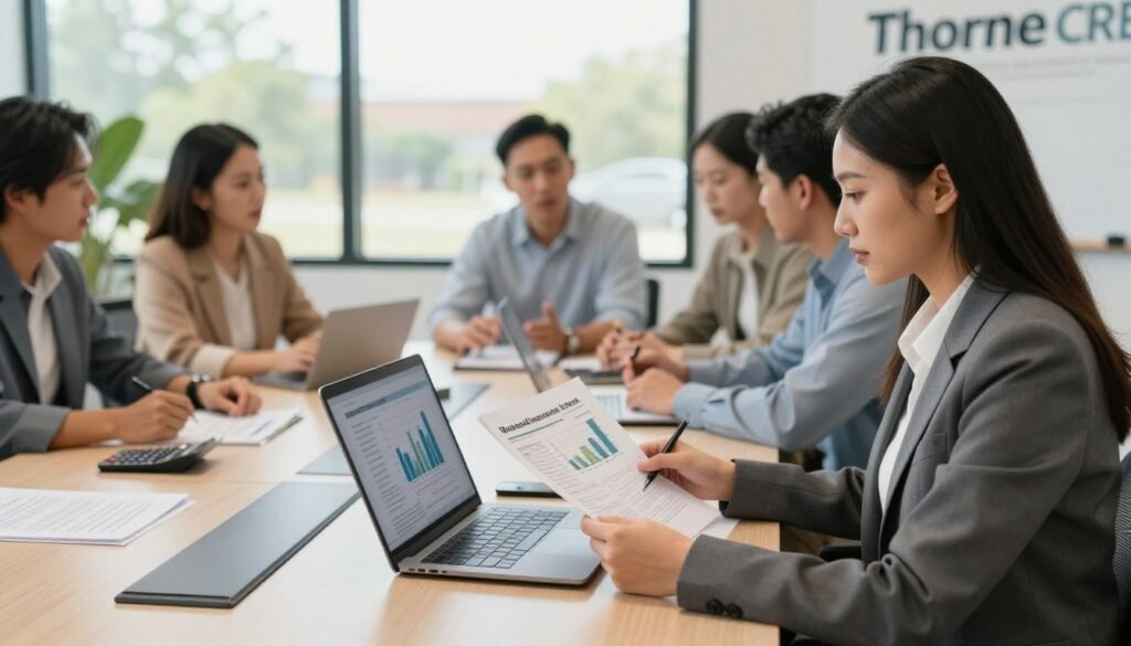 A professional meeting setting showcasing a group of diverse individuals engaged in discussions about manufactured home loans. In the foreground, a focused businesswoman in a tailored suit is reviewing financial documents, with a laptop open beside her, displaying graphs related to mobile home financing options. In the middle ground, a diverse group of professionals, both men and women, are seated around a modern conference table, deep in conversation, with calculators and legal documents scattered about. In the background, large windows allow natural light to flood the room, creating a warm and inviting atmosphere. The image captures a sense of urgency and collaboration, symbolizing the lenders, underwriting, and closing processes of mobile home loans. A subtle branding element, featuring "Thorne CRE," is present on a wall or digital display.