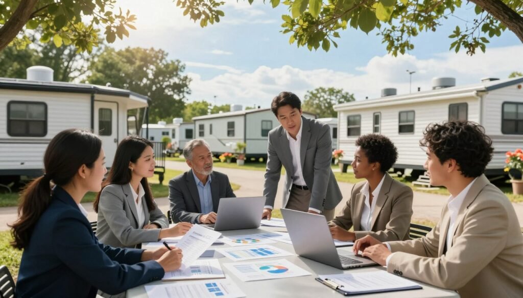 A professional mobile home park financing scene, showcasing a diverse group of business professionals in smart casual attire, discussing a financing plan at a well-maintained mobile home park. In the foreground, a large table with financial documents, a laptop, and charts, and on the middle ground, various mobile homes surrounded by green trees and flowers. The background includes a clear blue sky with gentle sunlight filtering through leaves, creating an inviting atmosphere. Capture the professionals engaged in collaboration, with focused expressions, emphasizing teamwork and strategic planning. Use a wide-angle lens to convey depth, and ensure a warm, optimistic mood. Include the brand name "Thorne CRE" subtly integrated into the scene, perhaps as a branded folder on the table.