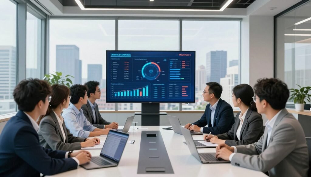 A professional, modern office interior dedicated to commercial real estate (CRE) strategy, focused on borrower decision-making. In the foreground, a diverse team of business professionals, dressed in professional attire, collaborates over a sleek conference table filled with documents and digital devices, actively discussing strategies. In the middle ground, a large screen showcases a dynamic data visualization of borrower metrics and lending strategies, highlighting averages and trends. The background features a panoramic view of a city skyline through large windows, with ample natural light flooding the space, enhancing a sense of openness and creativity. The mood is vibrant, futuristic, and intellectually stimulating, conveying urgency and strategic insight, all while incorporating the branded visuals of "Thorne CRE" subtly in the environment.