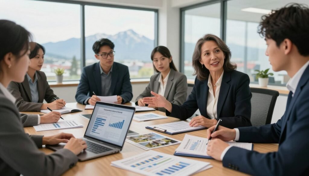 A professional, modern office setting showcasing a diverse group of business professionals engaged in a discussion over commercial real estate loan documents. In the foreground, a well-dressed middle-aged woman gesturing towards financial charts on a laptop, with a confident expression. To her side, a young man wearing glasses takes notes, illustrating a collaborative atmosphere. In the middle ground, a large conference table with various real estate brochures and financial reports spread out, symbolizing diligence and preparation. In the background, tall windows reveal a Montana skyline, bathed in warm, natural light, creating an optimistic and inviting mood. The scene is captured from a slightly elevated angle, providing a clear view of the dynamics in the room.