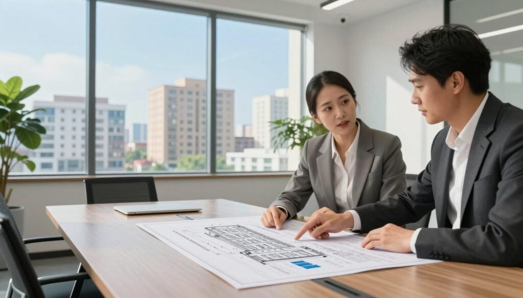 A professional, modern office space representing multifamily loan options, with a sleek conference table in the foreground featuring blueprints of apartment buildings and financial graphs. Two business professionals in smart attire discuss financing strategies, with one pointing at the blueprints. In the middle, a large window reveals a panoramic view of a city skyline dotted with multifamily apartment complexes under a bright blue sky. The background should have a contemporary design with subtle indoor greenery, providing a fresh atmosphere. Soft, natural lighting illuminates the space, creating a warm and inviting mood. Capture this scene from a slight angle, giving a dynamic perspective to the arrangement and enhancing the feeling of collaboration in a strategic financial discussion.