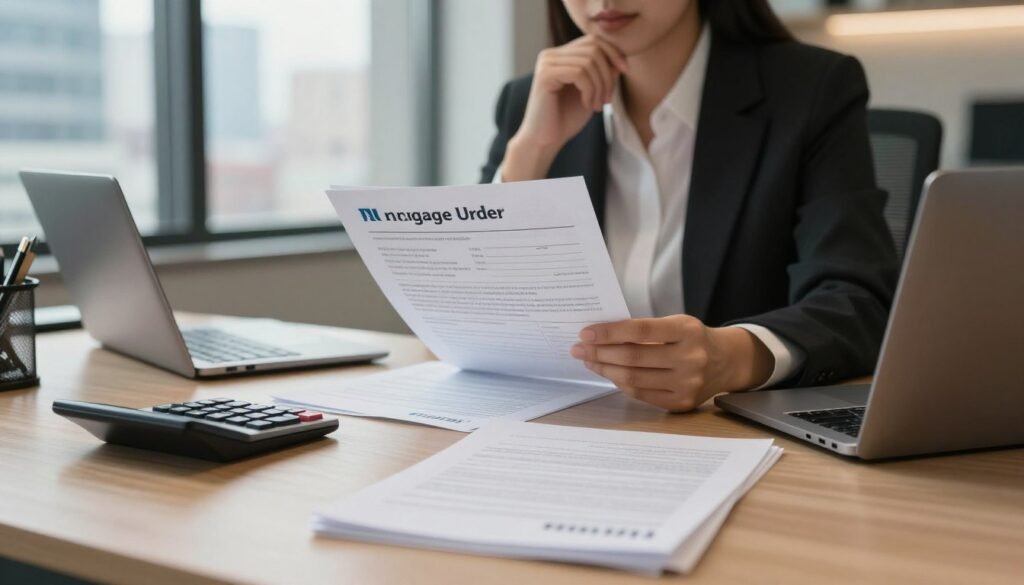 A professional mortgage underwriter's desk scene in a modern office environment, with a close-up view in the foreground showing neatly organized papers, a calculator, and a laptop illuminated by soft, warm lighting. In the middle, a focused underwriter, dressed in professional business attire, examines a mortgage application, showcasing a thoughtful expression. Behind them, a large window reveals a cityscape, adding depth with a soft-focus background that conveys a sense of urgency and professionalism. The atmosphere is calm yet focused, highlighting the critical role of underwriting in the mortgage process. Include subtle branding elements related to "Thorne CRE" on the desk items to integrate the brand seamlessly into the environment. A professional mortgage underwriter's desk scene in a modern office environment, with a close-up view in the foreground showing neatly organized papers, a calculator, and a laptop illuminated by soft, warm lighting. In the middle, a focused underwriter, dressed in professional business attire, examines a mortgage application, showcasing a thoughtful expression. Behind them, a large window reveals a cityscape, adding depth with a soft-focus background that conveys a sense of urgency and professionalism. The atmosphere is calm yet focused, highlighting the critical role of underwriting in the mortgage process. Include subtle branding elements related to "Thorne CRE" on the desk items to integrate the brand seamlessly into the environment.