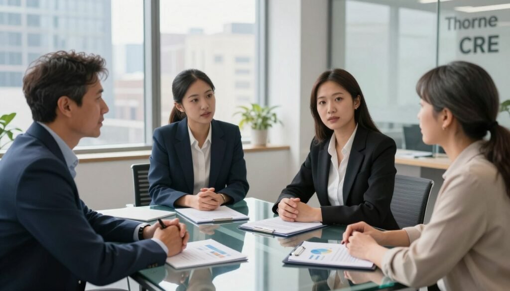 A professional negotiation scene set in a modern office. In the foreground, a diverse group of three individuals—a middle-aged man in a tailored suit, a young woman in smart business attire, and an older woman in modest casual clothing—are engaged in a serious yet friendly discussion around a sleek, glass conference table, with charts and documents spread out before them. In the middle ground, large windows showcase a cityscape, bringing in natural light that casts soft shadows. The atmosphere is focused and collaborative, evoking a sense of mutual respect and understanding. The camera angle is slightly elevated, capturing the expressions of the negotiators as they consider terms with thoughtful expressions. In the background, the branding “Thorne CRE” is subtly integrated into the office decor, enhancing the professional environment.