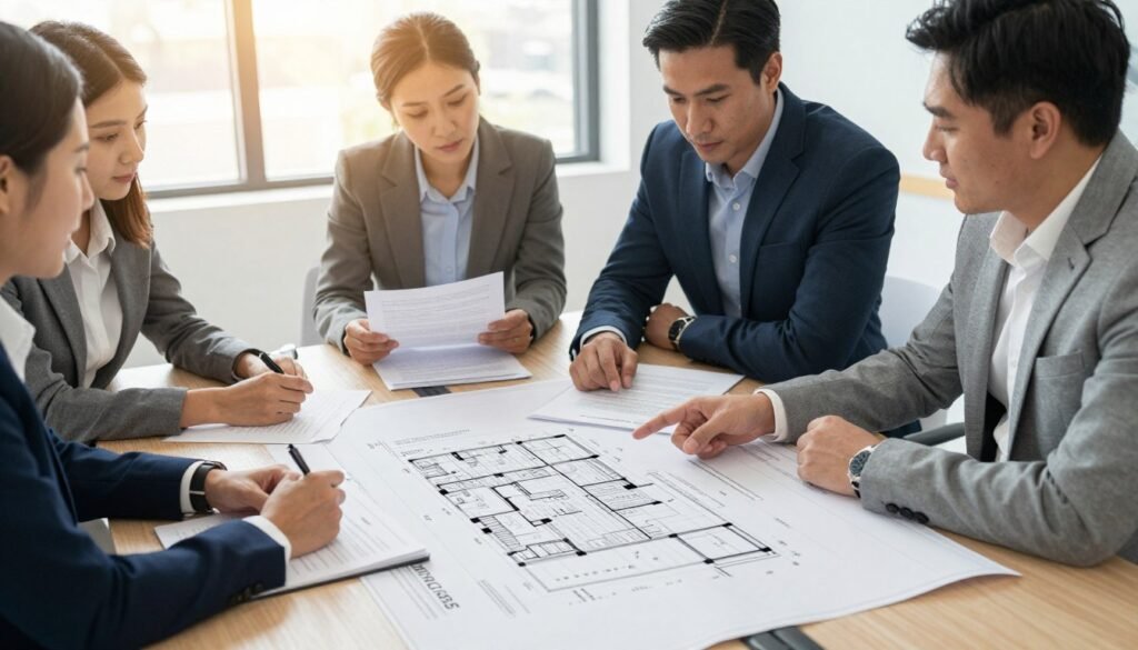 A professional office environment depicting a diverse group of business people in business attire, engaged in a discussion about long-term leases. In the foreground, a large conference table with blueprints and lease agreements is spread out, showing detailed property diagrams. The middle ground features three individuals—two men and one woman—analyzing documents and pointing at key sections, illustrating collaboration. The background displays large windows with natural light streaming in, giving a warm, inviting atmosphere. The overall lighting is bright yet soft, creating an optimistic mood. Include subtle branding of "Thorne CRE" on the documents. The angle should be slightly elevated, capturing the discussion and the participants’ engaged expressions while emphasizing the sense of professionalism and teamwork.