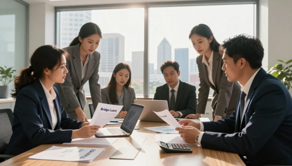 A professional office environment depicting a diverse group of business professionals in smart attire discussing financial documents related to bridge loans for commercial property turnaround. In the foreground, a conference table filled with intricate paperwork, a laptop, and a calculator. The middle ground features a large window with sunlight streaming in, casting soft shadows, highlighting the intensity of the discussion. In the background, a modern city skyline is visible, representing the commercial properties being discussed. The atmosphere is serious yet hopeful, reflecting a strategic financial decision. Use a wide-angle lens to capture the engaged expressions of the professionals, and ensure the lighting is warm and inviting. Include the brand name "Thorne CRE" subtly integrated into the environment, perhaps on a document or laptop screen.