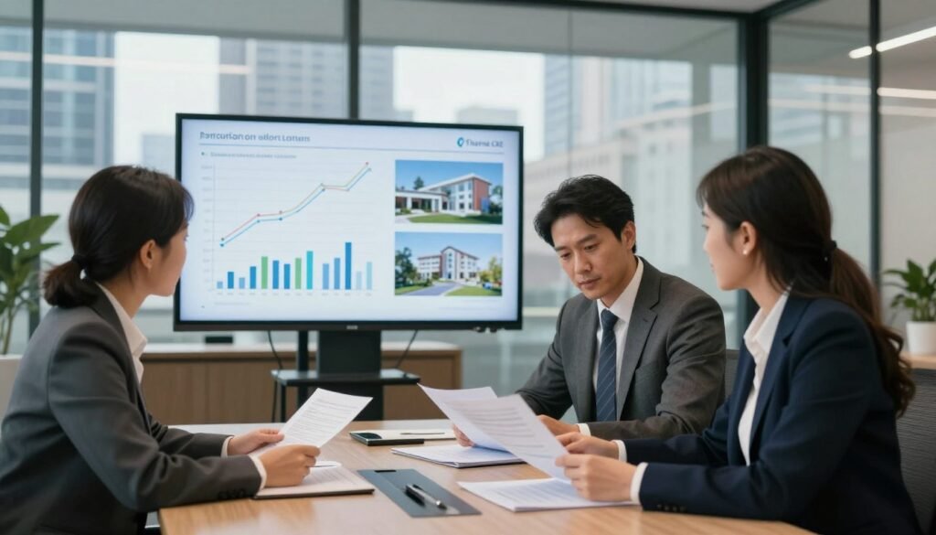 A professional office environment depicting a healthcare real estate financing discussion. In the foreground, two individuals in formal business attire, a man and a woman, are intently reviewing financial documents at a sleek conference table. The middle ground features a large digital presentation screen displaying financial graphs and images of medical facilities. In the background, a well-designed office with glass walls showcases a city skyline, emphasizing an urban healthcare environment. Soft, natural lighting enters the room, creating a warm yet professional atmosphere. The overall mood is focused and collaborative, reflecting the diligence required in medical practice loans. The brand name "Thorne CRE" is subtly integrated into the presentation screen graphics.