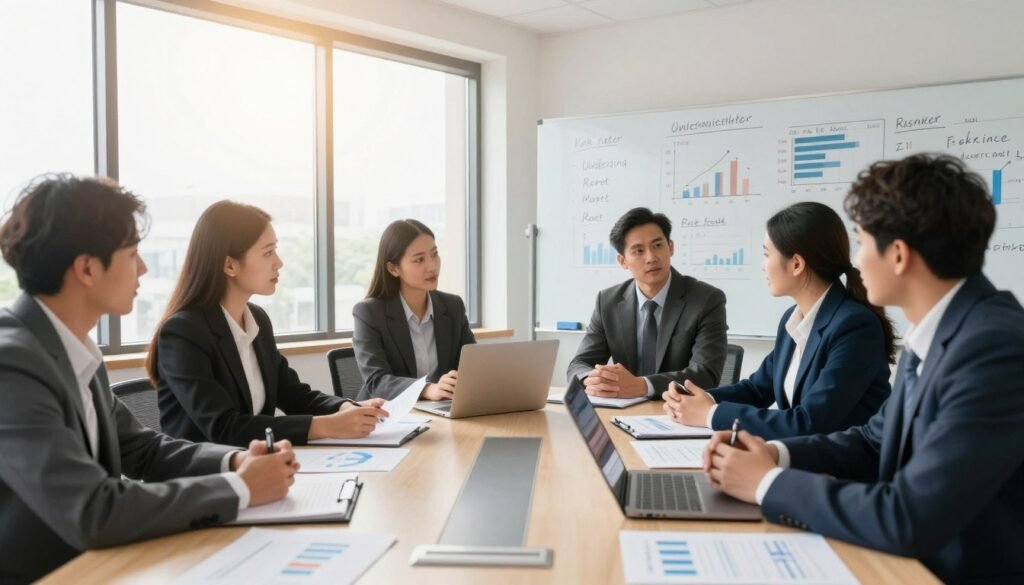 A professional office environment focused on commercial real estate financing. In the foreground, a diverse group of business professionals, dressed in formal attire, are engaged in a discussion around a large conference table covered with documents, charts, and a laptop displaying financial data. In the middle, large windows let in warm, natural light, illuminating the room with a bright yet serious atmosphere. Behind them, a whiteboard filled with key underwriting factors, like interest rates, market analysis, and risk assessment, is visible. The setting conveys a sense of teamwork and strategic planning, emphasizing the critical factors that shape interest rates and approvals in the real estate market. Use a wide-angle lens to capture the dynamic interaction among the subjects.