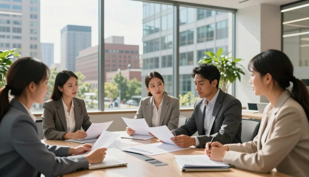 A professional office environment in Minnesota showcasing commercial real estate financing solutions. In the foreground, a diverse group of business professionals in modest business attire discussing documents and plans at a modern conference table. In the middle ground, large windows reveal a bustling cityscape with Minnesota's signature architecture, emphasizing a thriving real estate market. The background features a sleek contemporary office building with greenery around it, symbolizing growth and investment. The lighting is bright and inviting, reflecting a productive atmosphere, with warm natural light streaming in from the windows. Capture this scene with a focal length that emphasizes both the human interaction and the architectural elements, creating a sense of collaboration and opportunity in commercial real estate.