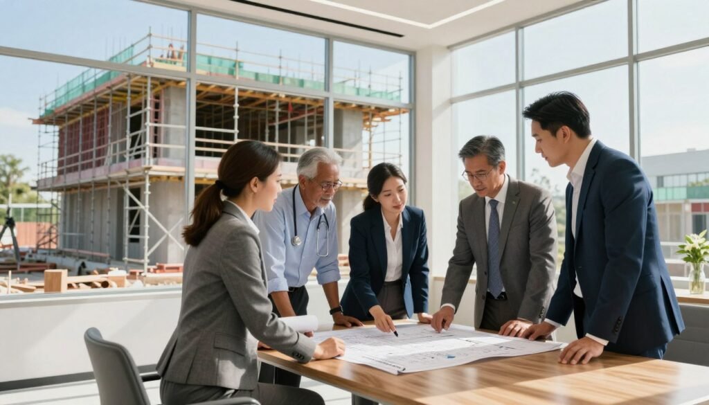 A professional office environment showcasing a modern healthcare facility under construction, portraying the concept of SBA loans in healthcare real estate. In the foreground, a diverse group of professionals in business attire, including an architect, a financial advisor, and a healthcare executive, are gathered around a blueprint on a sleek wooden table, discussing financing options. In the middle, a partially finished healthcare building with scaffolding and construction materials is visible, symbolizing the transformation of space for medical use. The background features a bright, airy setting with large windows allowing natural light to flood the scene, creating an optimistic atmosphere. The image highlights the intricate details of the construction process along with the financial conversation, embodying a sense of collaboration and innovation. Include the brand name "Thorne CRE" subtly integrated into the scene.