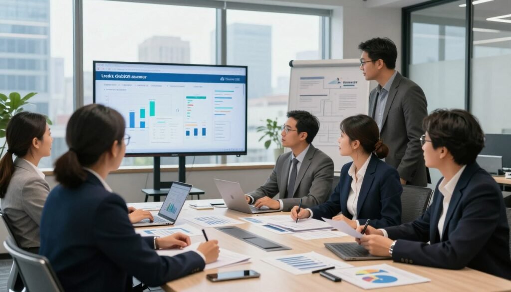 A professional office environment showcasing tenant underwriting in the IOS sector. In the foreground, a diverse group of business professionals, dressed in formal attire, are engaged in a dynamic discussion around a large conference table filled with charts and data reports. The middle ground features a digital display illustrating credit evaluations and lease structures. In the background, large windows reveal a city skyline, with soft natural light filtering in, creating an optimistic and focused atmosphere. The angle captures the intensity of the meeting, emphasizing collaboration and strategic planning. Subtle branding for "Thorne CRE" is integrated into the office decor. The overall mood conveys professionalism, diligence, and financial insight.