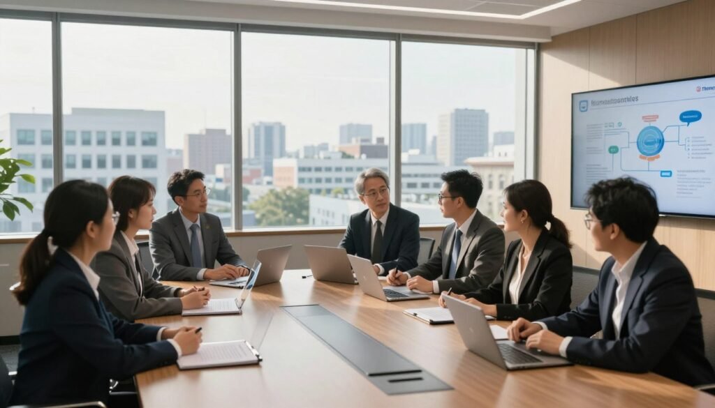 A professional office environment that symbolizes the regulatory landscape influencing medical tenancy, with a clear focus on a modern conference room in the foreground. The room features a large table surrounded by diverse business professionals in professional attire, engaged in an intense discussion over medical regulations. In the middle ground, a large window reveals a cityscape dotted with medical facilities, highlighting the importance of location and compliance. The background subtly displays a regulatory framework graphic on a digital screen, emphasizing the complexity of regulations. Soft natural light pours in through the windows, casting warm tones, while the atmosphere feels collaborative and focused. The composition should be sharp and clear, shot from a slightly elevated angle to capture the depth of the scene. Include a small logo for "Thorne CRE" in the corner for branding. A professional office environment that symbolizes the regulatory landscape influencing medical tenancy, with a clear focus on a modern conference room in the foreground. The room features a large table surrounded by diverse business professionals in professional attire, engaged in an intense discussion over medical regulations. In the middle ground, a large window reveals a cityscape dotted with medical facilities, highlighting the importance of location and compliance. The background subtly displays a regulatory framework graphic on a digital screen, emphasizing the complexity of regulations. Soft natural light pours in through the windows, casting warm tones, while the atmosphere feels collaborative and focused. The composition should be sharp and clear, shot from a slightly elevated angle to capture the depth of the scene. Include a small logo for "Thorne CRE" in the corner for branding.