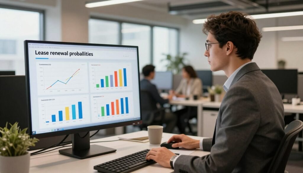A professional office environment with a focus on lease renewal probabilities. In the foreground, a well-dressed business analyst, wearing professional attire, studies a large digital screen displaying colorful graphs and charts related to lease expiration dates and renewal probabilities. In the middle ground, an open-plan office with modern workstations and contemporary decor, fostering a collaborative atmosphere, while colleagues engage in discussion. The background features large windows allowing natural light to pour in, illuminating the workspace and creating a productive mood. Soft shadows and warm, inviting lighting emphasize a sense of urgency and professionalism. The branding "Thorne CRE" subtly displayed on the screen, reinforcing the context of real estate analysis. The overall image conveys analytical precision and a forward-thinking approach to underwriting risks. A professional office environment with a focus on lease renewal probabilities. In the foreground, a well-dressed business analyst, wearing professional attire, studies a large digital screen displaying colorful graphs and charts related to lease expiration dates and renewal probabilities. In the middle ground, an open-plan office with modern workstations and contemporary decor, fostering a collaborative atmosphere, while colleagues engage in discussion. The background features large windows allowing natural light to pour in, illuminating the workspace and creating a productive mood. Soft shadows and warm, inviting lighting emphasize a sense of urgency and professionalism. The branding "Thorne CRE" subtly displayed on the screen, reinforcing the context of real estate analysis. The overall image conveys analytical precision and a forward-thinking approach to underwriting risks.