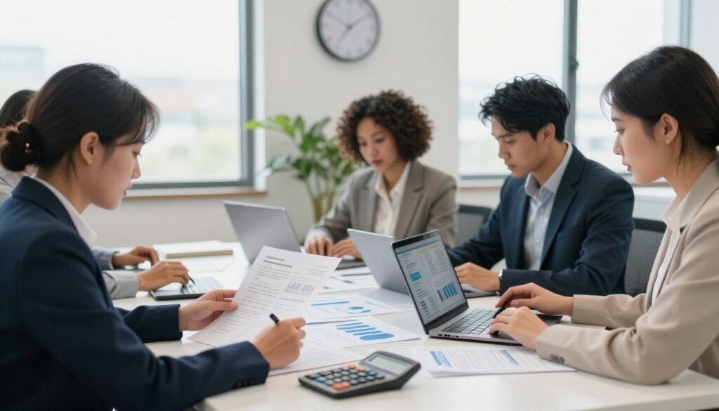A professional office scene depicting the loan underwriting process, featuring a diverse team of financial analysts working collaboratively. In the foreground, two individuals in business attire—one reviewing a financial document and the other analyzing data on a laptop. The middle ground showcases a large table filled with charts, spreadsheets, and calculators, while a wall clock and a potted plant add a touch of warmth. The background features a large window with natural light flooding the room, creating a bright and open atmosphere. The setting conveys urgency and professionalism, capturing the essence of teamwork and diligence in financial decision-making. The overall tone is analytical and focused, with a subtle depth of field effect. Thorne CRE. A professional office scene depicting the loan underwriting process, featuring a diverse team of financial analysts working collaboratively. In the foreground, two individuals in business attire—one reviewing a financial document and the other analyzing data on a laptop. The middle ground showcases a large table filled with charts, spreadsheets, and calculators, while a wall clock and a potted plant add a touch of warmth. The background features a large window with natural light flooding the room, creating a bright and open atmosphere. The setting conveys urgency and professionalism, capturing the essence of teamwork and diligence in financial decision-making. The overall tone is analytical and focused, with a subtle depth of field effect. Thorne CRE.