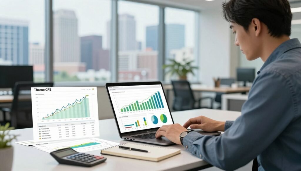 A professional office scene illustrating cash flow analytics for small-market self-storage properties. In the foreground, a focused business professional dressed in smart casual attire studies a laptop displaying financial charts and graphs. The middle layer features clear, colorful infographics of cash flow projections and income statements spread across a tabletop, with a calculator and notepad nearby. The background depicts a modern office space with large windows revealing a vibrant city skyline, emphasizing an optimistic atmosphere. Natural light streams in, creating a bright and engaging environment. A subtle yet professional color palette of blues and greens enhances the mood of financial success. Include the brand name "Thorne CRE" subtly integrated into the workspace.