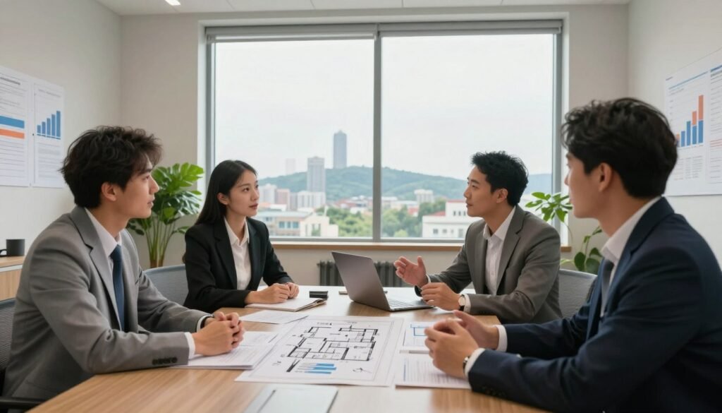 A professional office scene set in a modern commercial real estate environment in Kentucky. In the foreground, a diverse group of three business professionals—two men and one woman—are engaged in a discussion around a large conference table covered with financial documents and property blueprints. The middle of the image features a large window that showcases a panoramic view of the Kentucky skyline, with rolling hills in the distance. Soft, natural lighting fills the room, creating a warm and collaborative atmosphere. Include elements such as charts and graphs on the walls and a potted plant to enhance the professional feel. The angle should be slightly elevated to capture both the group and the view outside, conveying a sense of strategic planning and ambition in the commercial real estate sector.