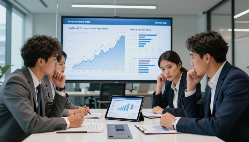 A professional office setting conveys the theme of appraisal value in financial terms. In the foreground, a diverse group of three business professionals in professional attire—two men and one woman—are discussing charts and graphs spread across a sleek conference table. Their expressions reflect focus and concern as they analyze data on a digital tablet displaying stress testing results. The middle ground features a large screen showing illustrated financial graphs and reports, highlighting loan terms and proceeds impacted by stress testing. In the background, a modern office with glass walls and city skyline views creates a dynamic atmosphere. The ambient lighting is bright and professional, capturing a sense of urgency and importance in decision-making. The image subtly includes branding for "Thorne CRE" in one corner of the screen, enhancing the narrative without overshadowing the visual storytelling.