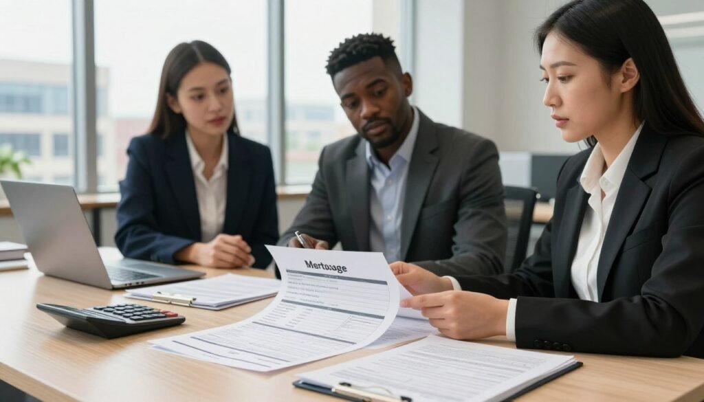 A professional office setting depicting a commercial mortgage application process. In the foreground, a well-organized desk with a detailed mortgage application form, a calculator, and financial documents scattered around. In the middle ground, a diverse group of three professionals in business attire (a Caucasian woman, a Black man, and an Asian woman) engaged in discussion, reviewing the application with focused expressions. The background features a large window with natural light streaming in, revealing a cityscape of North Dakota, showcasing modern commercial buildings. The mood is serious and business-oriented, with an atmosphere of collaboration and strategic decision-making, captured from a slightly elevated angle, creating depth in the scene. A professional office setting depicting a commercial mortgage application process. In the foreground, a well-organized desk with a detailed mortgage application form, a calculator, and financial documents scattered around. In the middle ground, a diverse group of three professionals in business attire (a Caucasian woman, a Black man, and an Asian woman) engaged in discussion, reviewing the application with focused expressions. The background features a large window with natural light streaming in, revealing a cityscape of North Dakota, showcasing modern commercial buildings. The mood is serious and business-oriented, with an atmosphere of collaboration and strategic decision-making, captured from a slightly elevated angle, creating depth in the scene.