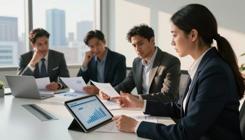A professional office setting depicting a diverse group of business professionals in smart business attire discussing refinancing strategies. In the foreground, a confident woman gestures toward a financial chart on a digital tablet, illustrating potential risks. The middle ground features two men analyzing stacks of paperwork and graphs on a sleek conference table, showing expressions of concern and contemplation. The background includes a large window showcasing a city skyline, drenched in warm afternoon light, enhancing the atmosphere of opportunity but also tension. Subtle shadows fall across the room to convey a serious mood while the brand name "Thorne CRE" is subtly incorporated into the decor. The lens angle captures the scene from a slightly elevated perspective, emphasizing the collaborative nature of the discussion.