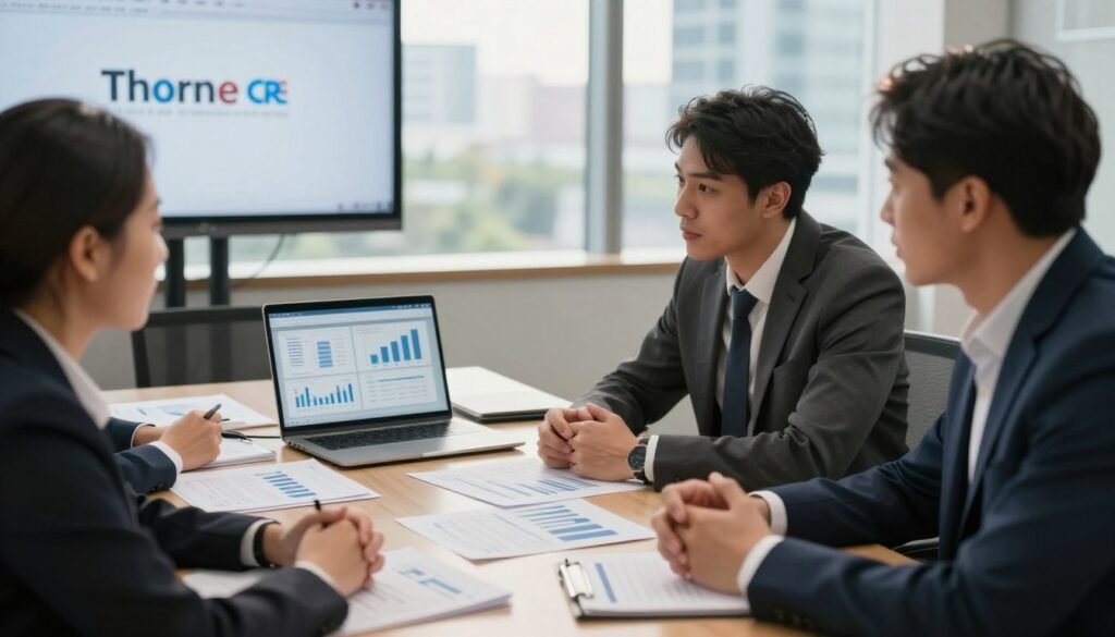 A professional office setting depicting a sponsor review process for deal evaluation. In the foreground, a diverse group of three business professionals, two men and one woman, dressed in formal business attire, are engaged in deep discussion around a conference table cluttered with documents and financial reports. The middle ground features a laptop displaying charts and data visualizations. In the background, large windows let in natural light, casting a warm glow over the room, with city views suggesting a dynamic market environment. Use a slightly elevated angle to capture both the participants and their focused expressions. The overall mood should convey a serious, contemplative atmosphere, emphasizing collaboration and analysis in a corporate context. Include subtle branding elements, like a Thorne CRE logo on a presentation slide in the background.