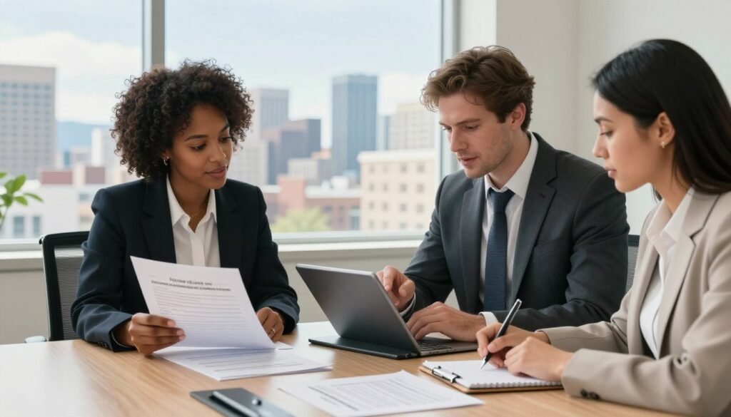 A professional office setting depicting the commercial real estate loan process. In the foreground, a diverse group of three business professionals in formal attire—one Black woman reviewing documents, one Caucasian man pointing at a digital tablet, and one Hispanic woman taking notes. The middle ground features a conference table with loan application forms and financial documents scattered. In the background, a large window showcasing an urban skyline of Utah under a bright, sunny sky. Soft, natural lighting floods the room, creating a welcoming and focused atmosphere. The scene captures a collaborative and strategic moment as they discuss financing options. Use a 35mm lens to create a slight depth of field, emphasizing the subjects in an engaging and dynamic composition.