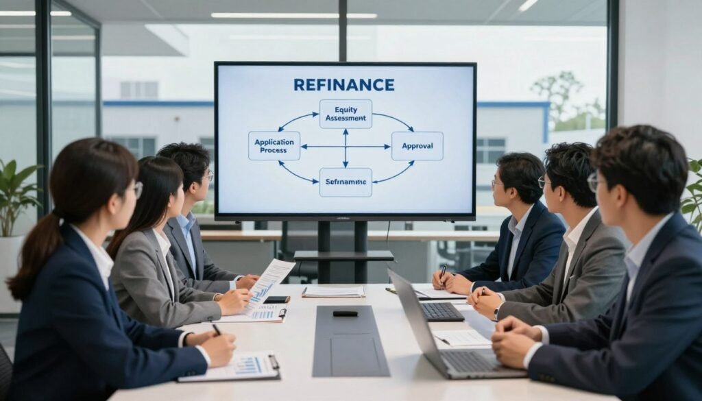 A professional office setting depicting the refinancing process for self-storage facilities. In the foreground, a diverse group of business professionals in smart business attire is gathered around a sleek conference table, analyzing charts and financial documents. The middle of the image features a large digital display showing a flowchart of the refinancing steps, with arrows pointing from "Equity Assessment" to "Application Process" to "Approval." In the background, through a glass wall, there’s a view of a modern self-storage facility, symbolizing the context. Soft, natural lighting illuminates the scene, creating an atmosphere of focus and collaboration. The entire setting conveys a sense of professionalism and determination, emphasizing strategic financial decisions. Include brand name "Thorne CRE" subtly in the design elements.