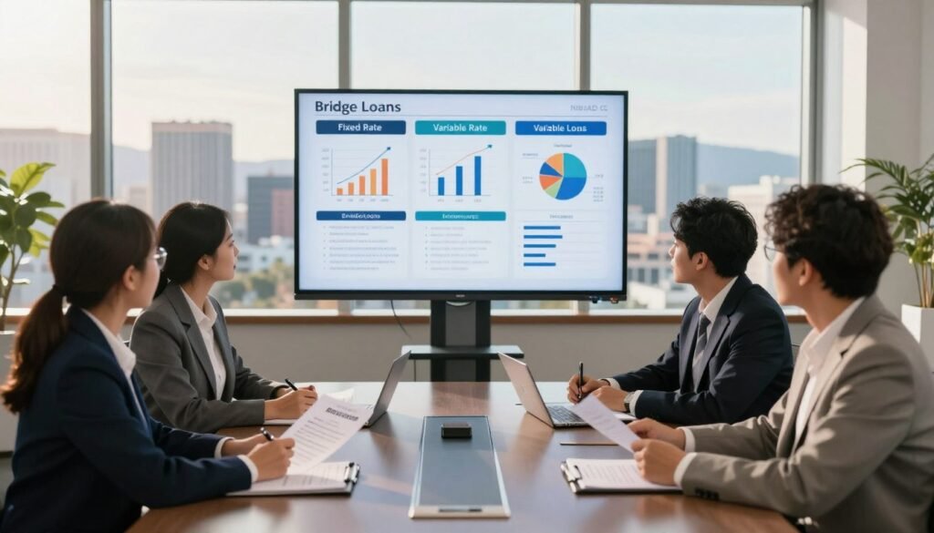 A professional office setting displaying various loan options for commercial real estate financing in Nevada. In the foreground, a sleek conference table is surrounded by business professionals in smart business attire engaged in discussion, reviewing documents on commercial real estate loans. The middle features a large digital screen displaying graphs and charts illustrating different loan structures, with terms like "Fixed Rate," "Variable Rate," and "Bridge Loans" highlighted visually. The background includes large windows showcasing a panoramic view of the Nevada skyline, bathed in warm, natural sunlight to create an inviting atmosphere. Use a slightly elevated perspective, simulating a high-quality lens with a shallow depth of field to focus on the details of the meeting, while the background remains softly blurred, emphasizing the professional tone of the image.