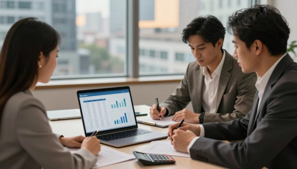 A professional office setting featuring a diverse group of three individuals engaged in a collaborative loan evaluation meeting. In the foreground, two people, a woman in a smart blazer and a man in a tailored suit, are closely examining a laptop display of financial figures and graphs. The middle ground includes a third person, casually dressed yet professional, taking notes on paper. Soft, warm lighting illuminates the scene, creating an inviting atmosphere. In the background, large windows show a city landscape, with subtle reflections adding depth. A sleek desk is adorned with documents and a calculator, emphasizing the analytical process. Showcase the brand logo "Thorne CRE" subtly on the laptop screen.