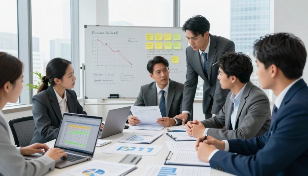 A professional office setting filled with documents and charts depicting underwriting processes. In the foreground, a diverse group of finance professionals in business attire gathers around a conference table, discussing potential pitfalls in underwriting. To the left, an open laptop displays a spreadsheet with highlighted errors. In the middle ground, a whiteboard is filled with graphs showing declining trends, alongside sticky notes that list common mistakes like "inaccurate valuation" and "overlooking due diligence." The background reveals a large window with a city skyline view, with bright, natural light streaming in. The atmosphere is tense yet focused, emphasizing the importance of accuracy in the underwriting process. The brand name "Thorne CRE" subtly incorporated into the whiteboard content. A professional office setting filled with documents and charts depicting underwriting processes. In the foreground, a diverse group of finance professionals in business attire gathers around a conference table, discussing potential pitfalls in underwriting. To the left, an open laptop displays a spreadsheet with highlighted errors. In the middle ground, a whiteboard is filled with graphs showing declining trends, alongside sticky notes that list common mistakes like "inaccurate valuation" and "overlooking due diligence." The background reveals a large window with a city skyline view, with bright, natural light streaming in. The atmosphere is tense yet focused, emphasizing the importance of accuracy in the underwriting process. The brand name "Thorne CRE" subtly incorporated into the whiteboard content.