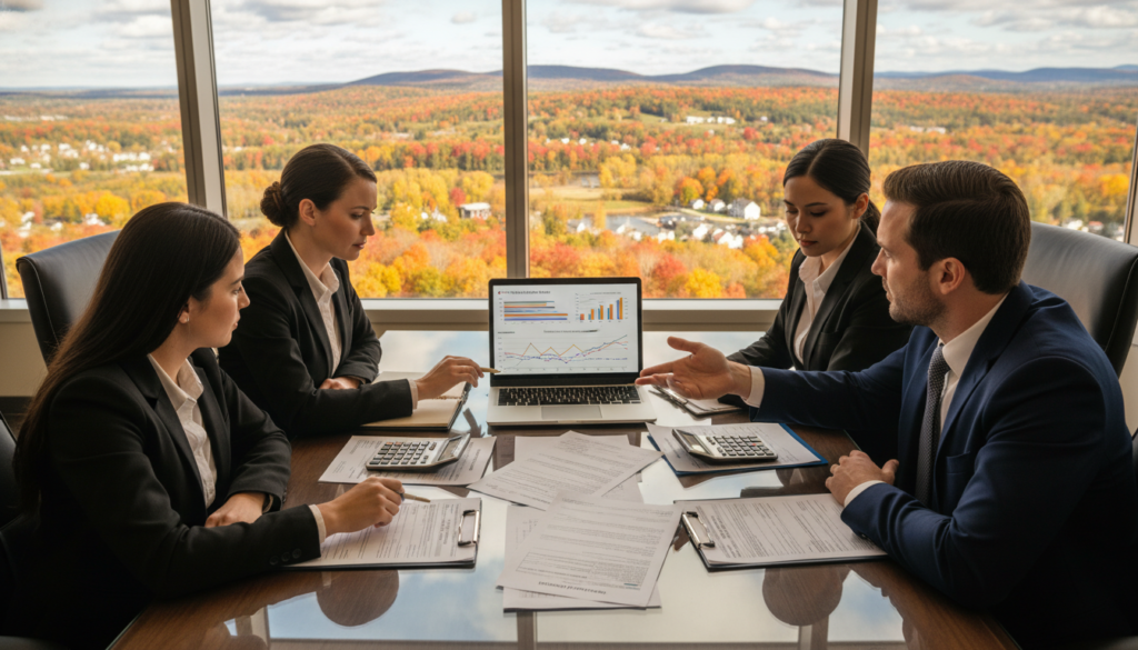 A professional office setting focused on commercial loan rates in Vermont's real estate market. In the foreground, a sleek glass conference table displays financial documents, calculators, and a laptop showing graphs of interest rates. In the middle, a diverse group of four individuals in professional business attire, engaged in discussion, reviewing the documents and pointing at the laptop screen. In the background, large windows reveal a picturesque view of Vermont’s landscape, with rolling hills and vibrant autumn foliage. Soft, natural lighting filters through the windows, creating a warm, productive atmosphere. The angle is slightly elevated, capturing the dynamic interactions among the group while emphasizing the importance of financial discussions in commercial real estate.