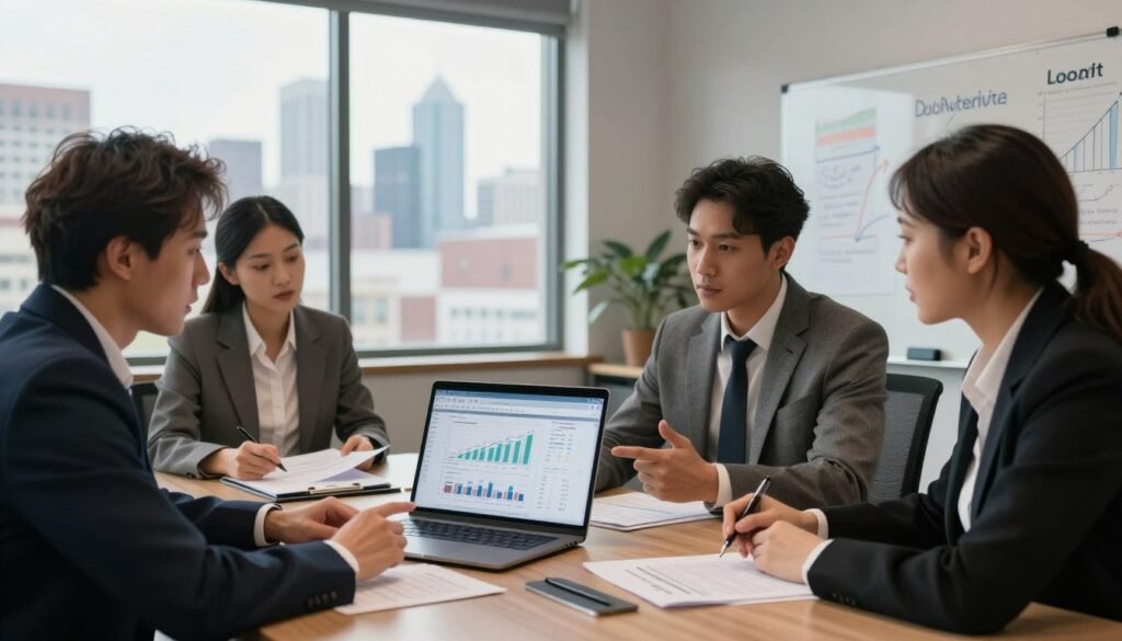 A professional office setting focused on loan underwriting, with a sleek conference table in the foreground. On the table, an open laptop shows financial graphs and data, alongside detailed documents regarding loan eligibility and pricing. To the left, a diverse group of three individuals in business attire—two men and one woman—are engaged in discussion, pointing at the documents and screen, embodying teamwork and analysis. The middle ground features a large window displaying a city skyline, symbolizing the Michigan real estate market, bathed in natural daylight. The background is filled with modern office decor, including a whiteboard with strategic notes and market trends, conveying a mood of professionalism and strategic planning. Soft lighting adds warmth, emphasizing the collaborative atmosphere. A professional office setting focused on loan underwriting, with a sleek conference table in the foreground. On the table, an open laptop shows financial graphs and data, alongside detailed documents regarding loan eligibility and pricing. To the left, a diverse group of three individuals in business attire—two men and one woman—are engaged in discussion, pointing at the documents and screen, embodying teamwork and analysis. The middle ground features a large window displaying a city skyline, symbolizing the Michigan real estate market, bathed in natural daylight. The background is filled with modern office decor, including a whiteboard with strategic notes and market trends, conveying a mood of professionalism and strategic planning. Soft lighting adds warmth, emphasizing the collaborative atmosphere.