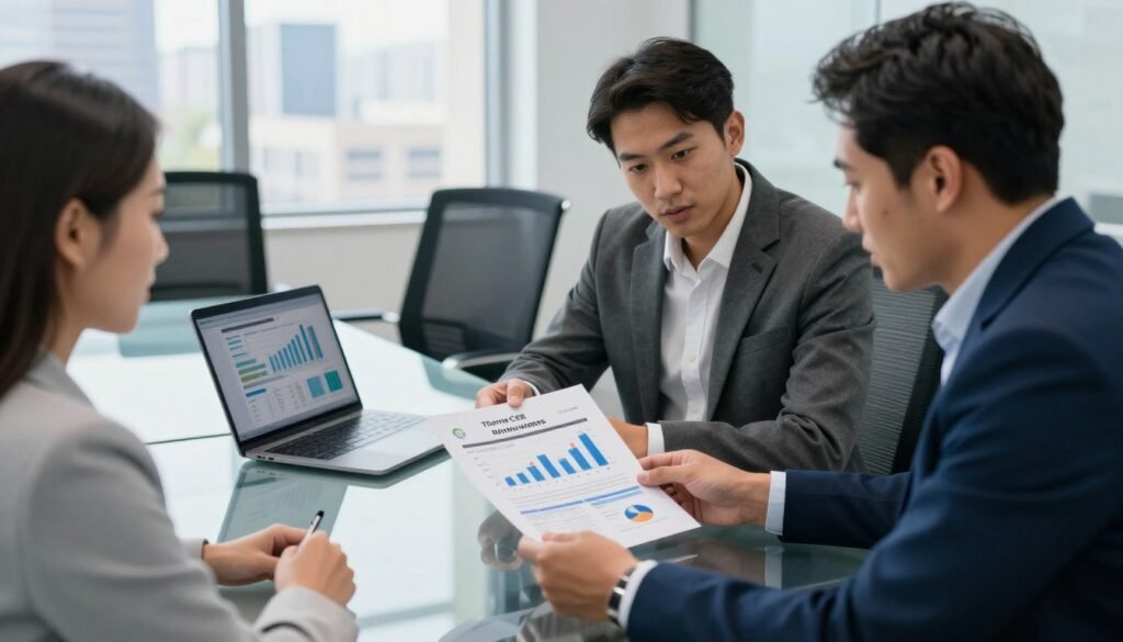 A professional office setting focusing on medical office financing. In the foreground, a diverse group of three business professionals (two men and one woman) dressed in professional business attire, examining a financial document with graphs and charts illustrating SBA loans. In the middle ground, a modern glass table surrounded by sleek chairs, with a laptop displaying financial analysis. In the background, large windows allowing natural light to pour in, showcasing a city skyline. The atmosphere is collaborative and focused, with soft lighting enhancing a productive mood. The brand name "Thorne CRE" subtly integrated into a business document on the table. A professional office setting focusing on medical office financing. In the foreground, a diverse group of three business professionals (two men and one woman) dressed in professional business attire, examining a financial document with graphs and charts illustrating SBA loans. In the middle ground, a modern glass table surrounded by sleek chairs, with a laptop displaying financial analysis. In the background, large windows allowing natural light to pour in, showcasing a city skyline. The atmosphere is collaborative and focused, with soft lighting enhancing a productive mood. The brand name "Thorne CRE" subtly integrated into a business document on the table.