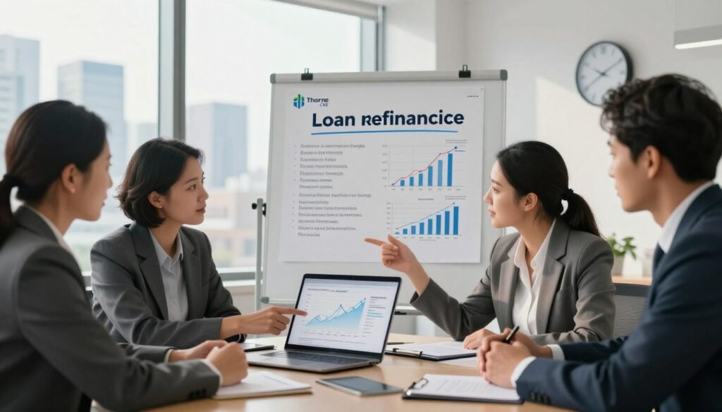 A professional office setting illustrating a case study on balloon loan refinancing. In the foreground, a diverse group of three professionals in business attire are engaged in a discussion around a modern conference table, with one person pointing at a detailed financial chart on a laptop screen. In the middle ground, a whiteboard filled with financial data and key points about successful refinancing strategies. In the background, large windows showcase an urban skyline bathed in warm natural lighting. The mood is focused and collaborative, reflecting a productive brainstorming session. Emphasize clarity and professionalism in the visuals, incorporating elements of the brand "Thorne CRE" subtly in the room decor, like a logo on a wall clock.