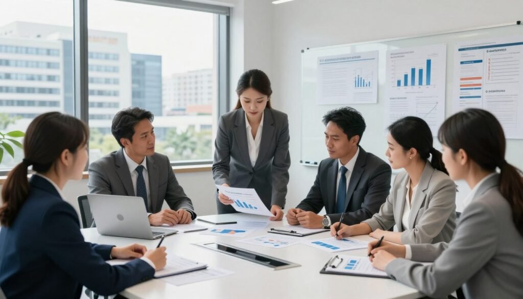 A professional office setting illustrating the impact of reimbursement policy on healthcare real estate values. In the foreground, a diverse group of business professionals in formal attire (suits, blouses) are gathered around a modern conference table, analyzing graphs and charts related to property values. In the middle ground, a large window showcases a cityscape with hospitals and medical facilities, emphasizing the healthcare theme. The background features a sleek whiteboard filled with strategic plans and financial projections. The lighting is bright and natural, streaming through the window, creating a balanced and optimistic atmosphere. Use a wide-angle lens for depth, ensuring clarity in professional interactions. Subtly incorporate the brand name "Thorne CRE" through a logo on a presentation slide on the table. A professional office setting illustrating the impact of reimbursement policy on healthcare real estate values. In the foreground, a diverse group of business professionals in formal attire (suits, blouses) are gathered around a modern conference table, analyzing graphs and charts related to property values. In the middle ground, a large window showcases a cityscape with hospitals and medical facilities, emphasizing the healthcare theme. The background features a sleek whiteboard filled with strategic plans and financial projections. The lighting is bright and natural, streaming through the window, creating a balanced and optimistic atmosphere. Use a wide-angle lens for depth, ensuring clarity in professional interactions. Subtly incorporate the brand name "Thorne CRE" through a logo on a presentation slide on the table.