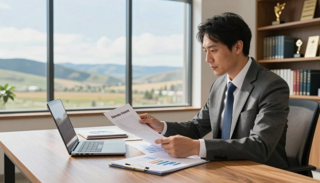 A professional office setting in Idaho, featuring a focused financial advisor reviewing commercial real estate documents on a sleek wooden desk. In the foreground, a well-dressed individual in business attire examines charts and graphs on their laptop. The middle section highlights a large window with a serene view of the Idaho landscape, showcasing rolling hills and clear skies, enhancing the atmosphere of opportunity. In the background, shelves filled with financial books and awards reflect a commitment to professionalism and expertise. The lighting is bright and natural, pouring in from the window, creating an optimistic and strategic ambiance. Capture the essence of teamwork and diligence in commercial real estate financing.