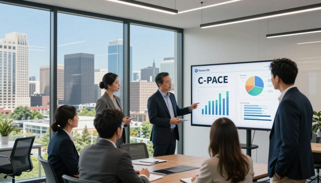 A professional office setting in Michigan, showcasing sleek modern architecture. In the foreground, a diverse group of business professionals, dressed in business attire, consult over graphs and charts related to C-PACE financing, displayed on a digital screen. They exude focus and collaboration. In the middle ground, a large, glass-walled conference room reveals a cityscape view with skyscrapers and greenery, symbolizing growth and investment potential. The background features clear blue skies and the silhouette of Michigan landmarks. Soft, natural light floods the room, creating an atmosphere of innovation and forward-thinking. Include branding elements subtly incorporating "Thorne CRE" in the design of the digital charts. The angle of the shot should be slightly above eye level, emphasizing the professionals' engagement with the material.