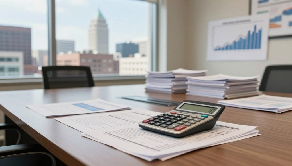A professional office setting in Minnesota, showcasing a long conference table, with documents and a financial calculator positioned prominently in the foreground, symbolizing commercial loan rates. In the middle ground, a large window reveals a bustling cityscape, highlighting iconic Minnesota architecture under a bright, clear sky. In the background, stacks of financial reports and charts are neatly arranged, displaying fluctuating graphs indicating loan rates and terms. Soft, natural lighting pours through the window, creating a warm and inviting atmosphere. The mood is focused and strategic, reflecting the serious nature of commercial real estate financing. The scene conveys professionalism, with subtle nods to the financial theme without any text or distractions.