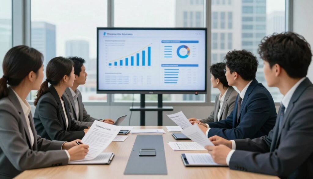A professional office setting is depicted in the foreground, featuring a group of diverse individuals in business attire discussing documents related to refinance outcomes. Papers and digital tablets are spread across a large conference table, illustrating case studies on refinancing and appraisals. In the middle ground, a large screen displays graphs and charts, highlighting key outcomes influenced by appraisals. The background includes floor-to-ceiling windows showcasing a city skyline, indicating a modern financial environment. The lighting is bright and natural, creating a productive and collaborative atmosphere. A subtle logo of "Thorne CRE" is present on the conference table. The overall mood is focused and analytical, emphasizing the serious nature of financial decisions.