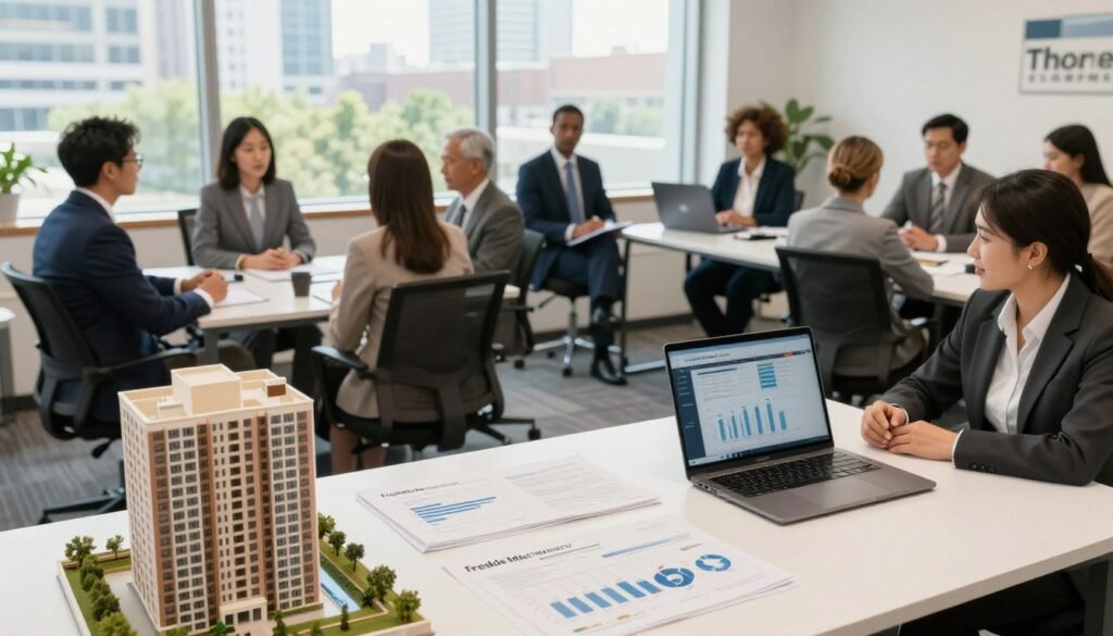 A professional office setting showcasing Freddie Mac Multifamily Loan Products. In the foreground, a neatly arranged desk with financial documents, a laptop displaying charts, and a model apartment building. The middle layer features a diverse group of professionals in business attire, engaged in discussion and collaboration, representing various ethnicities. In the background, large windows with a cityscape view and greenery can be seen, giving a sense of community. The lighting is bright and warm, creating an inviting atmosphere. The image is captured from a slightly elevated angle, emphasizing the collaborative environment. The brand name “Thorne CRE” subtly integrated into the workspace decor, reflecting innovation in real estate finance.