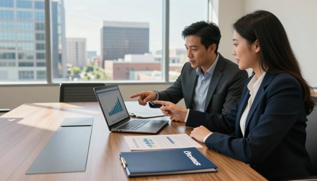 A professional office setting showcasing a commercial real estate financing meeting, featuring a large conference table with financial documents and a laptop open displaying graphs. In the foreground, two business professionals, a man and a woman, dressed in smart business attire, are engaged in a discussion, pointing to the laptop screen with an air of collaboration. In the middle, a large window provides natural light, casting soft shadows on the polished wooden floor. The background includes a modern cityscape view of Arizona, with buildings reflecting the sunlight. The overall mood is focused and strategic, reflecting a sense of professionalism and opportunity. Prominently placed on the conference table is a branded folder with the logo "Thorne CRE."
