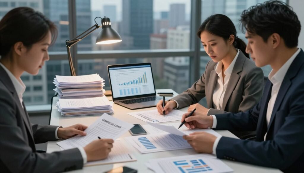 A professional office setting showcasing a detailed documentation process for commercial loans. In the foreground, a diverse group of two business professionals (one male, one female) dressed in smart business attire, intently reviewing documents and charts on a sleek conference table. The middle layer features stacks of organized files, a laptop displaying financial graphs, and a dimly lit desk lamp casting a warm glow, highlighting the paperwork. The background includes a glass window displaying an urban skyline, adding to the professional ambiance. Soft, diffused lighting creates a serious yet focused atmosphere. The image should embody clarity and transparency in financial documentation. Include a subtle branding element of "Thorne CRE" on the desk or laptop without being obtrusive.