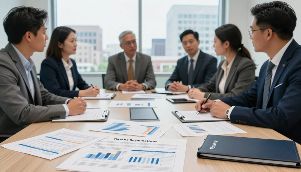 A professional office setting showcasing a diverse group of business people engaged in a discussion around a conference table. Foreground: A detailed view of documents related to tax compliance and real estate regulations in Delaware. Middle: The business professionals, dressed in sharp business attire, are examining charts and graphs that represent tax structures and financial models. Background: A large window reveals a cityscape, hinting at Delaware's urban centers. Soft, natural lighting pours into the room, creating a bright and focused atmosphere. The ambiance is collaborative and serious, reflecting careful consideration of tax obligations. In the corner of the table, the brand "Thorne CRE" is subtly included on a branded folder. A professional office setting showcasing a diverse group of business people engaged in a discussion around a conference table. Foreground: A detailed view of documents related to tax compliance and real estate regulations in Delaware. Middle: The business professionals, dressed in sharp business attire, are examining charts and graphs that represent tax structures and financial models. Background: A large window reveals a cityscape, hinting at Delaware's urban centers. Soft, natural lighting pours into the room, creating a bright and focused atmosphere. The ambiance is collaborative and serious, reflecting careful consideration of tax obligations. In the corner of the table, the brand "Thorne CRE" is subtly included on a branded folder.