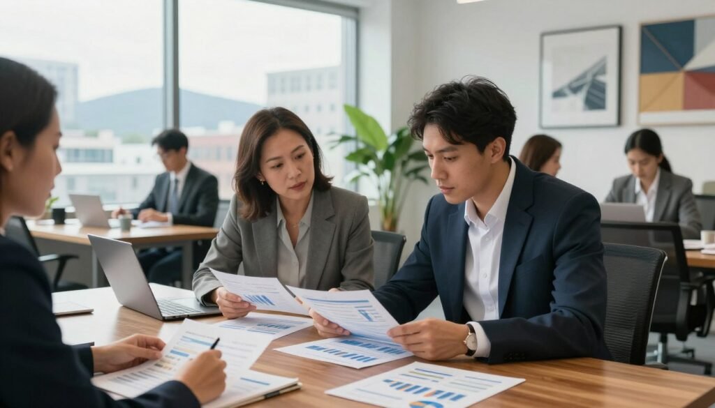 A professional office setting showcasing a diverse group of business people engaged in a financial discussion. In the foreground, two individuals in business attire, a middle-aged woman and a young man, are examining financial reports on a polished wooden table, their faces reflecting focus and determination. The middle section features a large window letting in natural light, illuminating architecturally interesting elements of the office, such as modern artwork and plants. In the background, a panoramic view of a New Hampshire skyline hints at commercial real estate, with strategic buildings representing the market. The lighting is bright yet soft, creating an atmosphere of professionalism, collaboration, and urgency, emphasizing the challenges of underwriting in today's market.