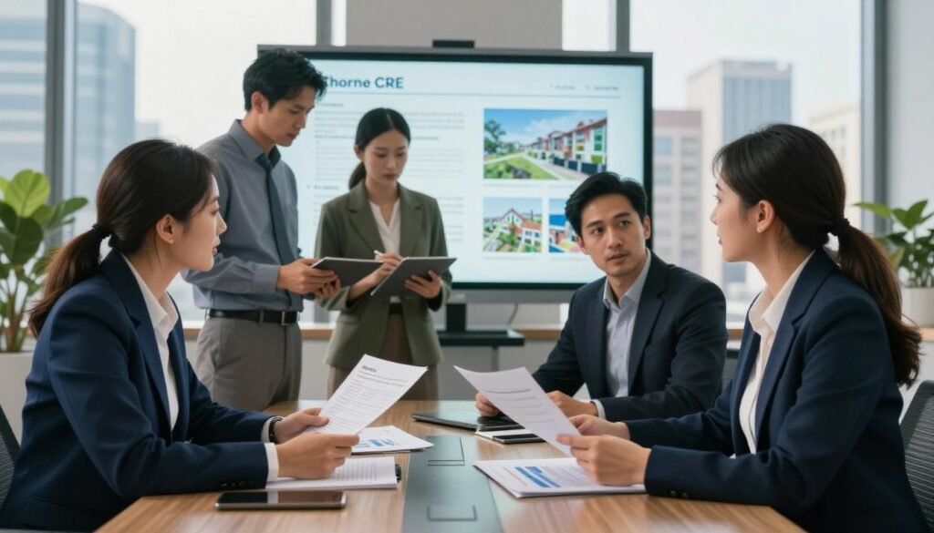 A professional office setting showcasing a diverse group of four businesspeople engaged in a discussion about client portfolio management. In the foreground, a well-dressed man and woman examine financial documents at a sleek conference table, their expressions focused and collaborative. In the middle ground, two more individuals, one holding a tablet, review a projector displaying key investment objectives and property snapshots. The background features a modern cityscape through large windows, with warm natural light filtering in, creating an inviting atmosphere. The color palette should be professional, with deep blues and greens. This image should represent the brand "Thorne CRE" subtly in the conference room decor, emphasizing sophistication and expertise in investment strategies.