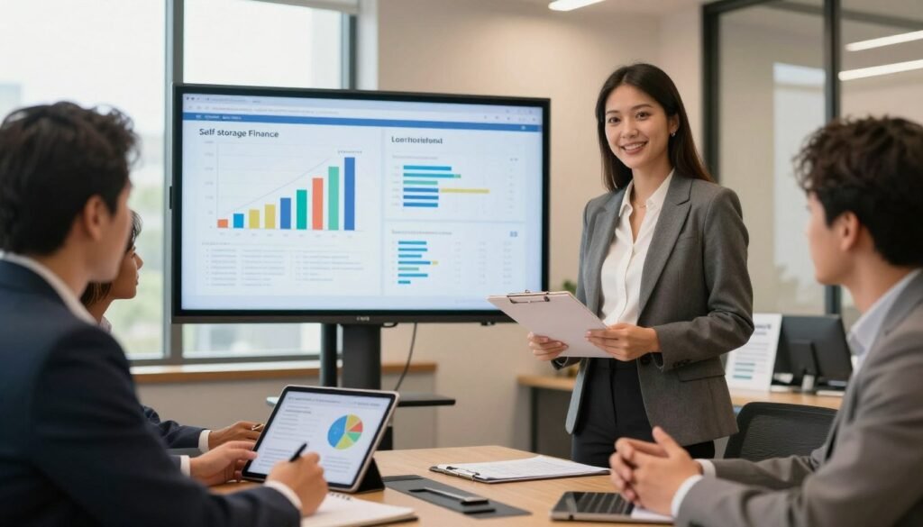 A professional office setting showcasing a diverse group of individuals engaged in a discussion about self-storage financing. In the foreground, a well-dressed businesswoman, holding a clipboard, presents loan options with a confident expression. Beside her, a business man in a suit takes notes on a tablet, analyzing data charts depicting financing structures. The middle ground features a large digital display screen showing graphs and statistics related to self-storage financing. In the background, large windows allow natural light to pour in, creating a warm and inviting atmosphere. Soft, ambient lighting enhances focus on the teamwork happening. The scene emphasizes collaboration and professionalism. Subtle branding of "Thorne CRE" is visible on a brochure on the conference table.
