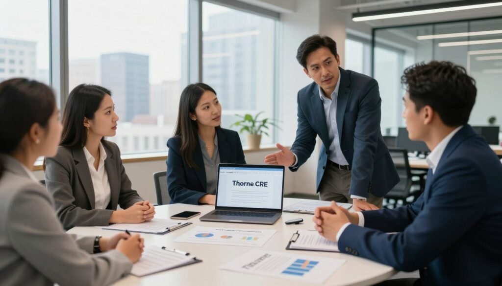 A professional office setting showcasing a diverse team of CRE business professionals discussing strategies for building a robust lending bench. In the foreground, a round table features documents and charts about lending practices. The middle ground displays three individuals, two men and one woman, in professional business attire, actively engaged in conversation. One of the men gestures towards a digital presentation on a laptop displaying the brand name "Thorne CRE." In the background, large windows illuminate the office with soft, natural light, revealing a city skyline. The mood is collaborative and innovative, emphasizing teamwork and strategic planning within the lending context. Use a wide-angle lens to capture the entire setting, ensuring the focus is sharp on the professionals while allowing the office details to enhance the atmosphere.