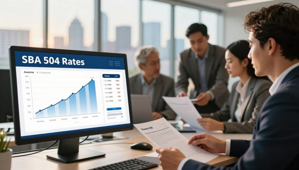 A professional office setting showcasing a large digital display of "SBA 504 Rates" prominently in the foreground, with graphs and charts illustrating interest rates and terms. The middle ground features a diverse group of business professionals in business attire, engaged in discussion and examining financial documents, symbolizing collaboration and strategy. In the background, a large window reveals a view of Alabama's skyline, under a warm, inviting afternoon light that casts gentle shadows. Use a shallow depth of field to focus on the professionals while softly blurring the background. The overall atmosphere is one of optimism and determination, with a subtle branding element of "Thorne CRE" appearing on a document in the foreground.