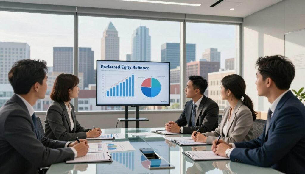 A professional office setting showcasing a modern conference room in Schaumburg, Illinois, with a panoramic view of the city skyline through large windows. In the foreground, a diverse group of four business professionals in business attire—two men and two women—are engaged in a discussion at a sleek glass table, with charts and financial reports spread out. In the middle ground, a digital display shows graphs related to preferred equity refinance, highlighting financial strategies. The background features a well-lit urban landscape and tall buildings, with warm, natural light streaming in, creating an atmosphere of collaboration and ambition. The scene conveys a sense of professionalism and strategic planning in commercial real estate finance. The brand "Thorne CRE" is subtly integrated into the room's decor elements, enhancing the corporate ambiance without being overt.