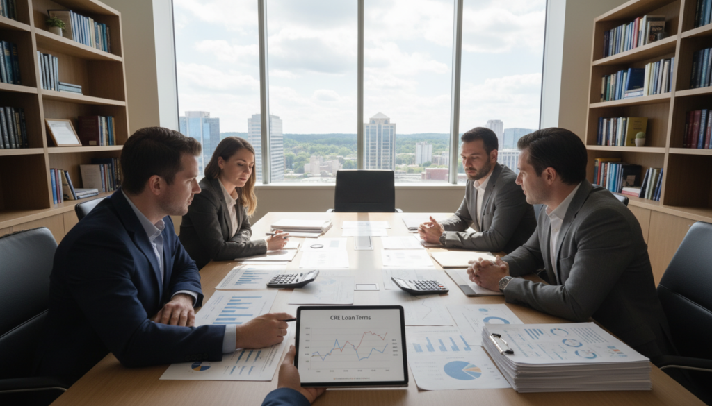 A professional office setting showcasing a well-organized conference table filled with financial documents, charts, and calculators, representing rates and terms in commercial real estate financing. In the foreground, a diverse group of professionals in business attire—two men and two women—are engaged in a discussion, pointing at a digital tablet displaying graphs. The middle layer features a large window with soft, natural light illuminating the space, creating an inviting atmosphere. The background contains bookshelves filled with financial literature and a panoramic view of the Virginia skyline, suggesting a connection to the local market. The overall mood is focused and strategic, suitable for a business meeting, emphasizing collaboration and informed decision-making.