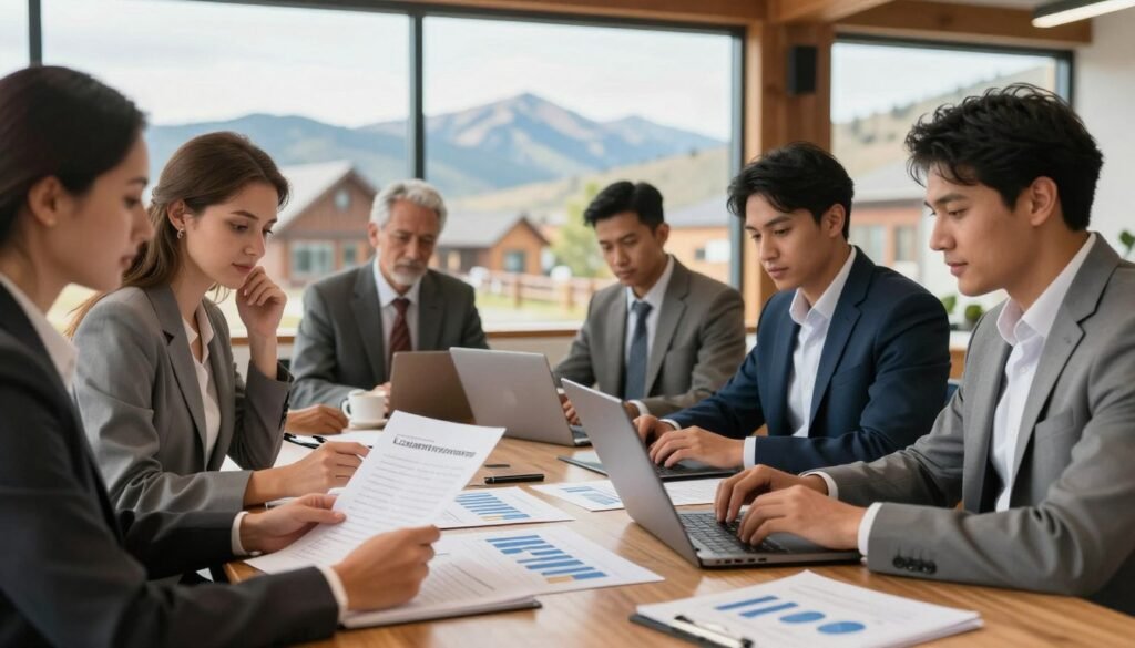 A professional office setting showcasing commercial real estate financing. In the foreground, a diverse group of business professionals in smart business attire, including a Caucasian woman reviewing documents and a Hispanic man typing on a laptop. The middle ground features a large conference table with charts and graphs related to loan programs laid out. In the background, large windows reveal a panoramic view of the Montana skyline with rustic buildings. Bright, warm lighting enhances the inviting atmosphere, and a slight focus blur emphasizes the foreground action. The mood is collaborative and focused, reflecting strategic discussions about financing options in the commercial real estate market. The composition should feel dynamic yet professional, capturing the essence of business in Montana.
