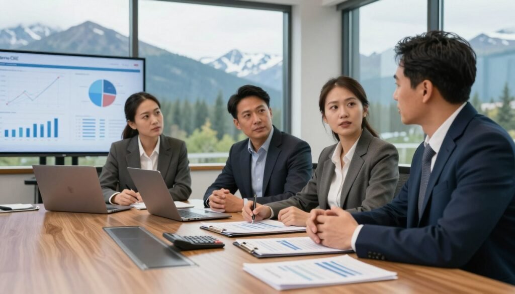 A professional office setting showcasing financing options for commercial real estate in Alaska. In the foreground, include a polished wooden conference table with financial documents, a laptop, and a calculator. In the middle ground, depict a diverse group of four business professionals in professional attire engaged in discussion, with focused expressions, emphasizing teamwork and strategy. The background features large windows displaying a scenic Alaskan view with mountains and forests, while soft natural lighting enhances the atmosphere. Include elements like charts and graphs on a digital screen to symbolize financial analysis. The overall mood should be one of collaboration and opportunity, underscoring the theme of strategic financing decisions in a changing market. The brand name "Thorne CRE" is subtly present in the scene as part of the documents. A professional office setting showcasing financing options for commercial real estate in Alaska. In the foreground, include a polished wooden conference table with financial documents, a laptop, and a calculator. In the middle ground, depict a diverse group of four business professionals in professional attire engaged in discussion, with focused expressions, emphasizing teamwork and strategy. The background features large windows displaying a scenic Alaskan view with mountains and forests, while soft natural lighting enhances the atmosphere. Include elements like charts and graphs on a digital screen to symbolize financial analysis. The overall mood should be one of collaboration and opportunity, underscoring the theme of strategic financing decisions in a changing market. The brand name "Thorne CRE" is subtly present in the scene as part of the documents.